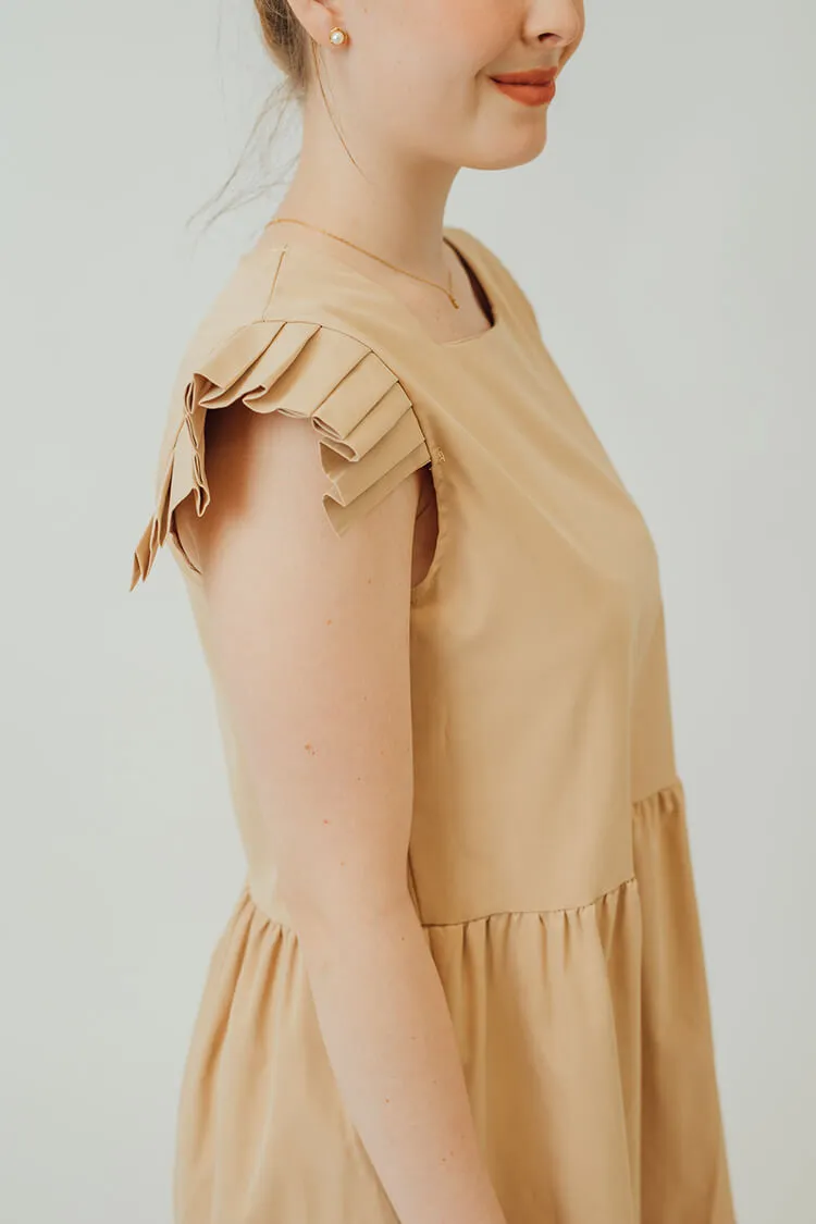 Tiffany Pleated Ruffle Hem Dress (Beige)