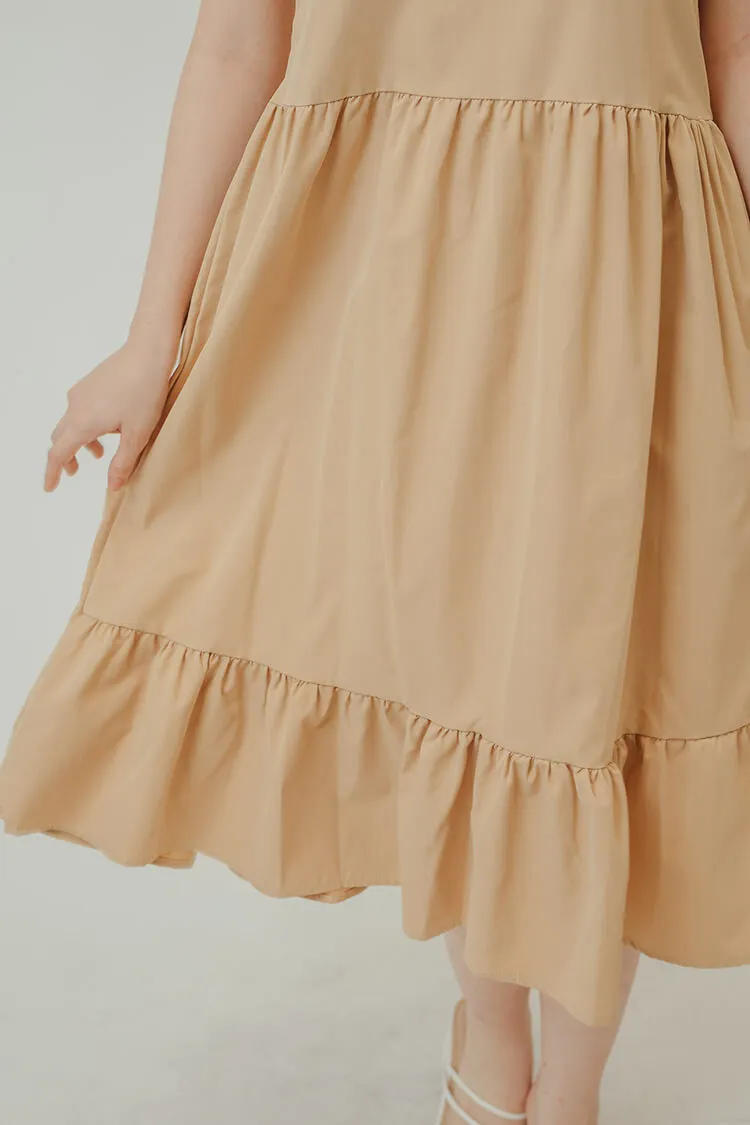Tiffany Pleated Ruffle Hem Dress (Beige)