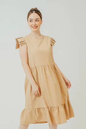 Tiffany Pleated Ruffle Hem Dress (Beige)