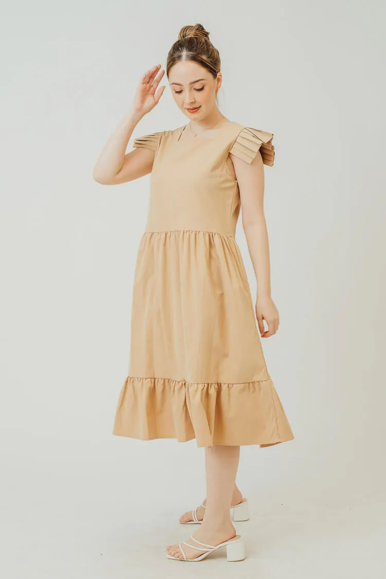 Tiffany Pleated Ruffle Hem Dress (Beige)