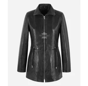 Timeless Trench Leather Coat Women Black Hip Length Leather Jacket