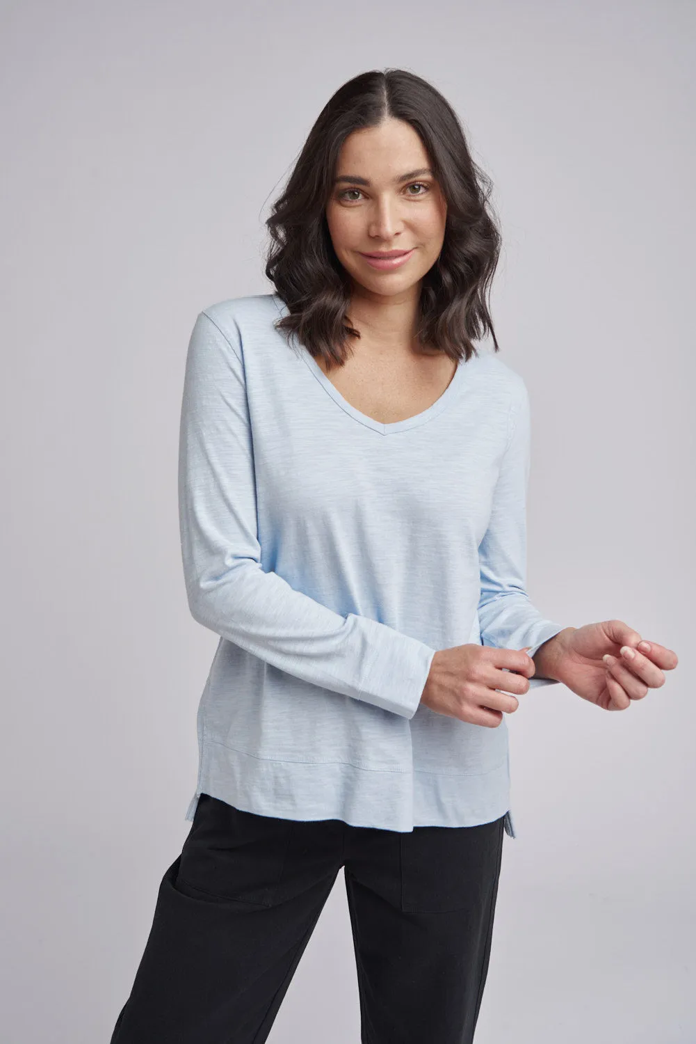 V Neck Hi Low Cotton Tee Ballard Blue
