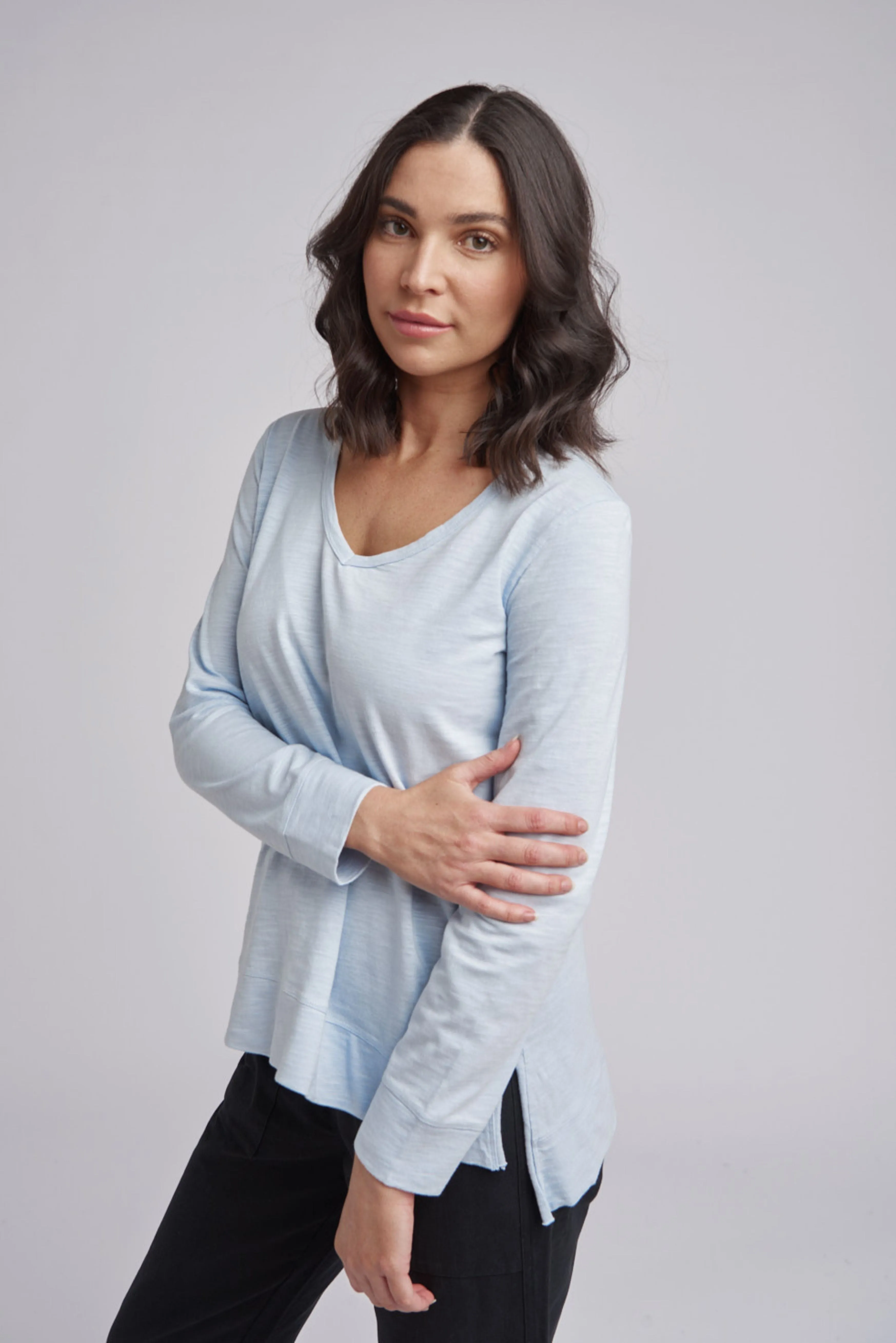 V Neck Hi Low Cotton Tee Ballard Blue