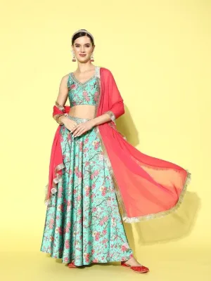 varanga turquoise blue printed ready to wear lehenga blouse with dupatta