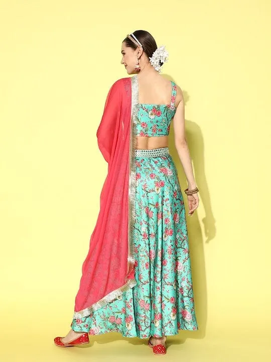 varanga turquoise blue printed ready to wear lehenga blouse with dupatta