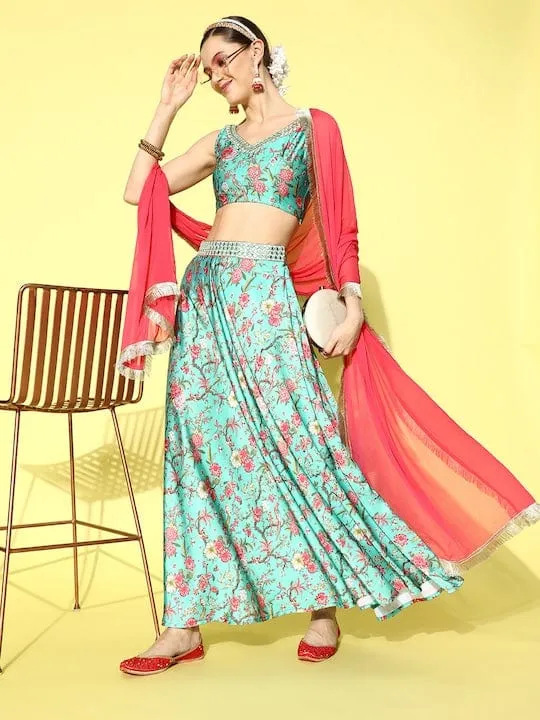 varanga turquoise blue printed ready to wear lehenga blouse with dupatta