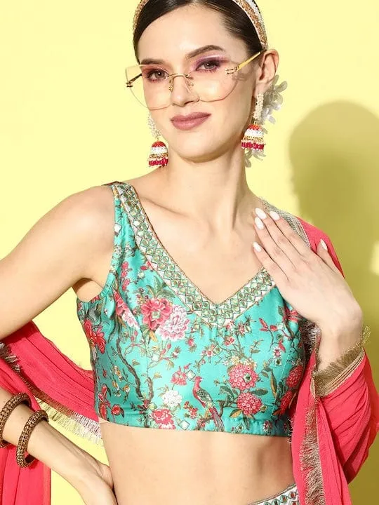 varanga turquoise blue printed ready to wear lehenga blouse with dupatta