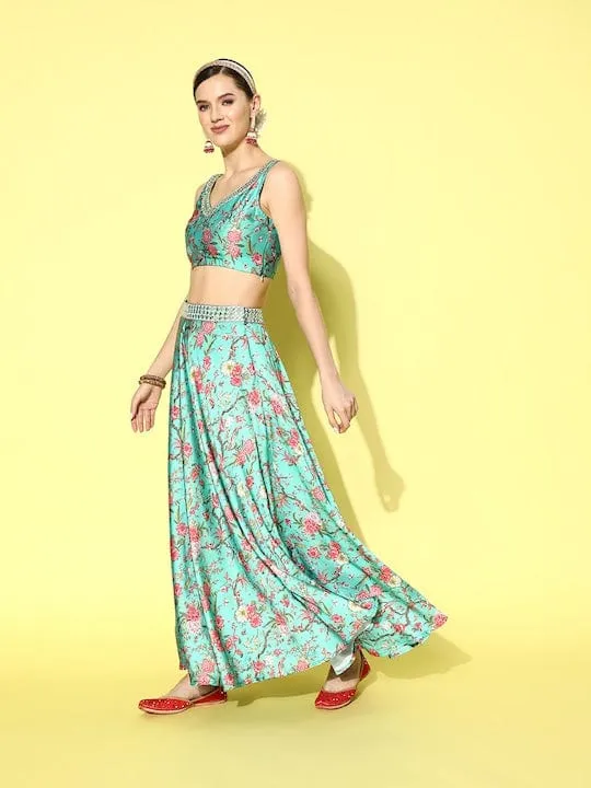 varanga turquoise blue printed ready to wear lehenga blouse with dupatta