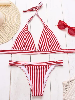 Wholesale Red V-Neck Sleeveless Stripe Two Piece Bikinis