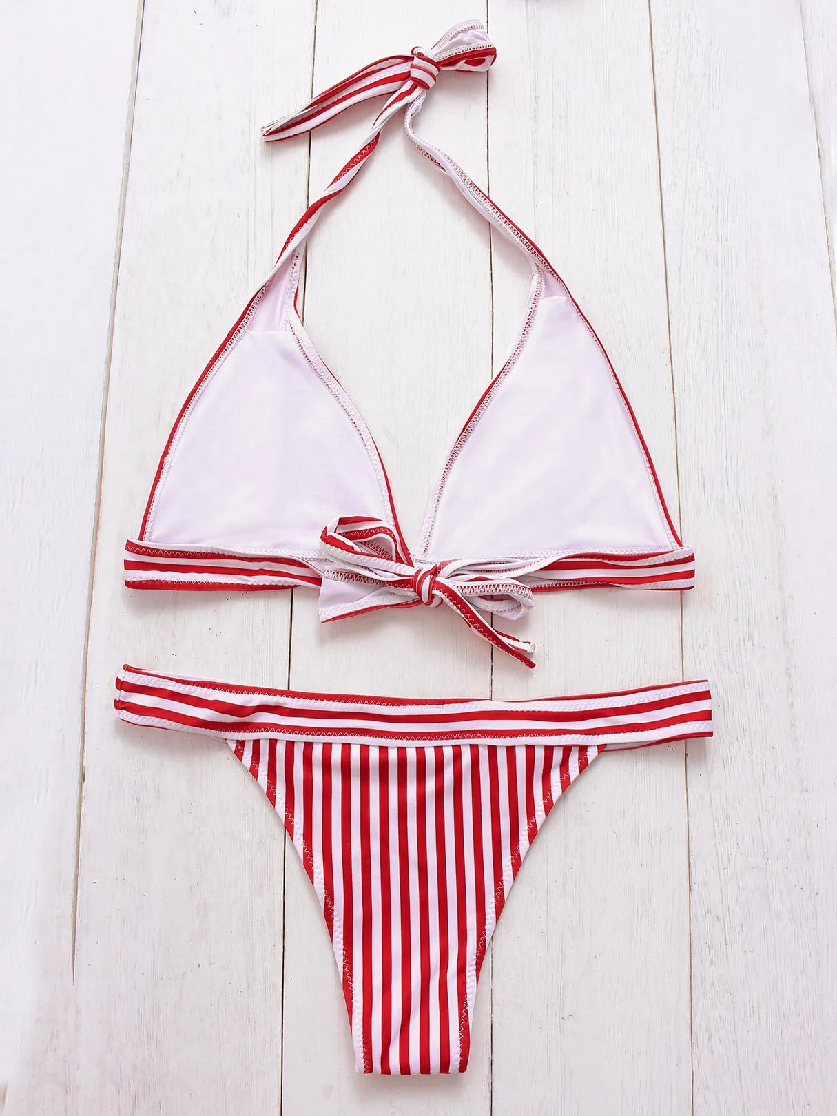 Wholesale Red V-Neck Sleeveless Stripe Two Piece Bikinis