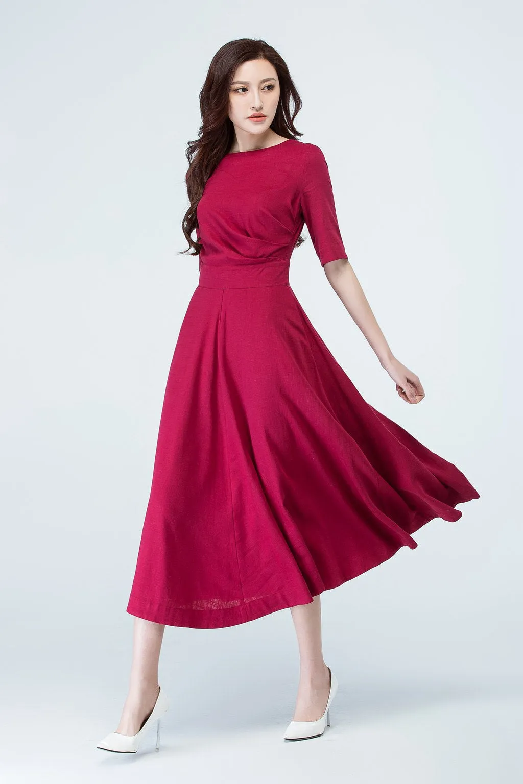 wine red party linen dress summer 1705