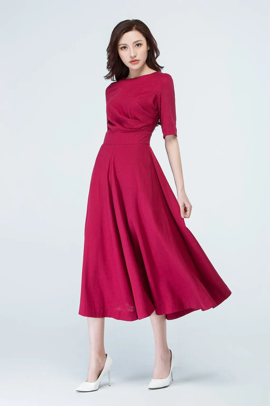 wine red party linen dress summer 1705