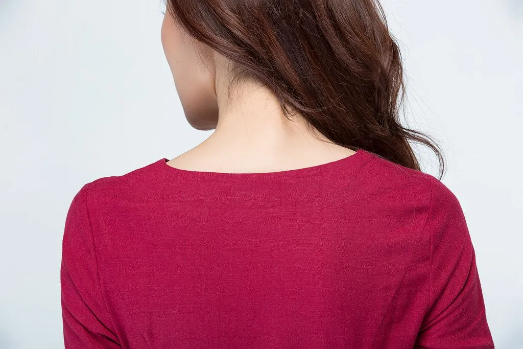 wine red party linen dress summer 1705