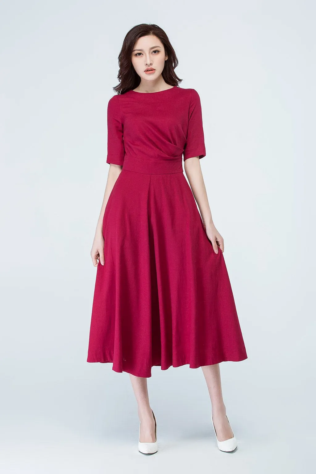 wine red party linen dress summer 1705