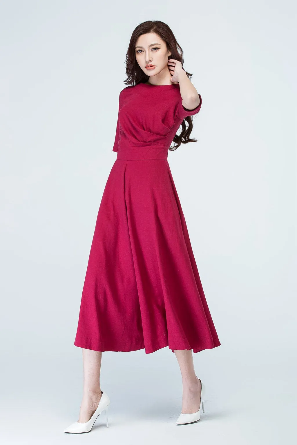 wine red party linen dress summer 1705