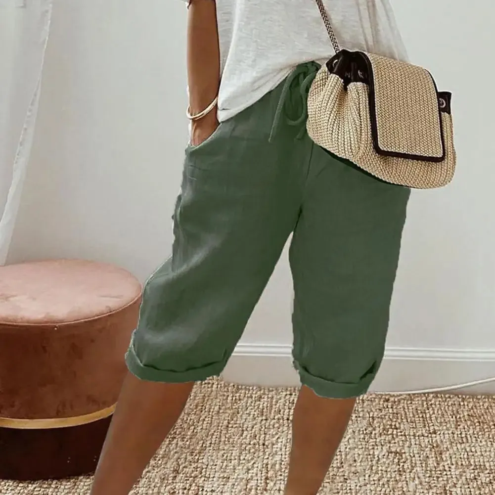 Women Cotton Linen Shorts Vintage Loose Wide Leg Trousers Drawstring Knee-length Pants for Ladies Elastic Waist with Pockets