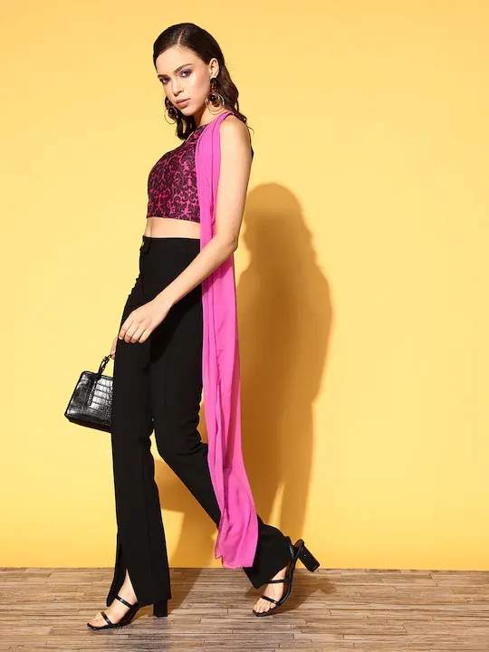 Women Pink Chanderi Floral Attached Dupatta Crop Top