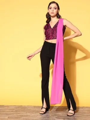 Women Pink Chanderi Floral Attached Dupatta Crop Top