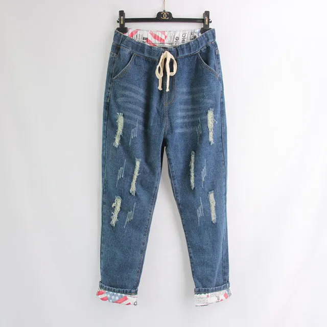 Women Stitching Soft Denim Big Jeans Loose Casual Hole Brand Pants Long For Women