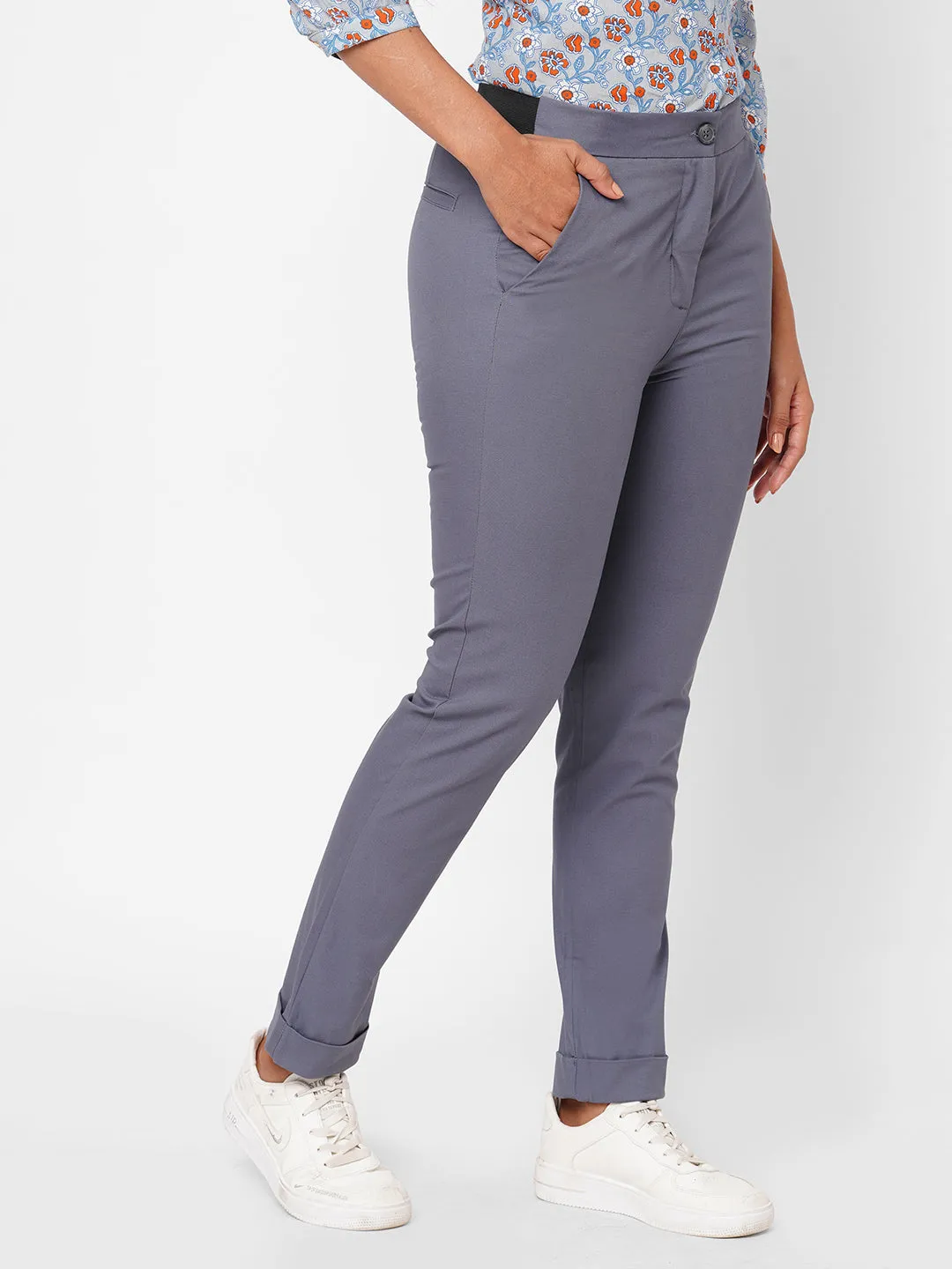 Women's Blue Cotton Lurex Slim Fit Pant