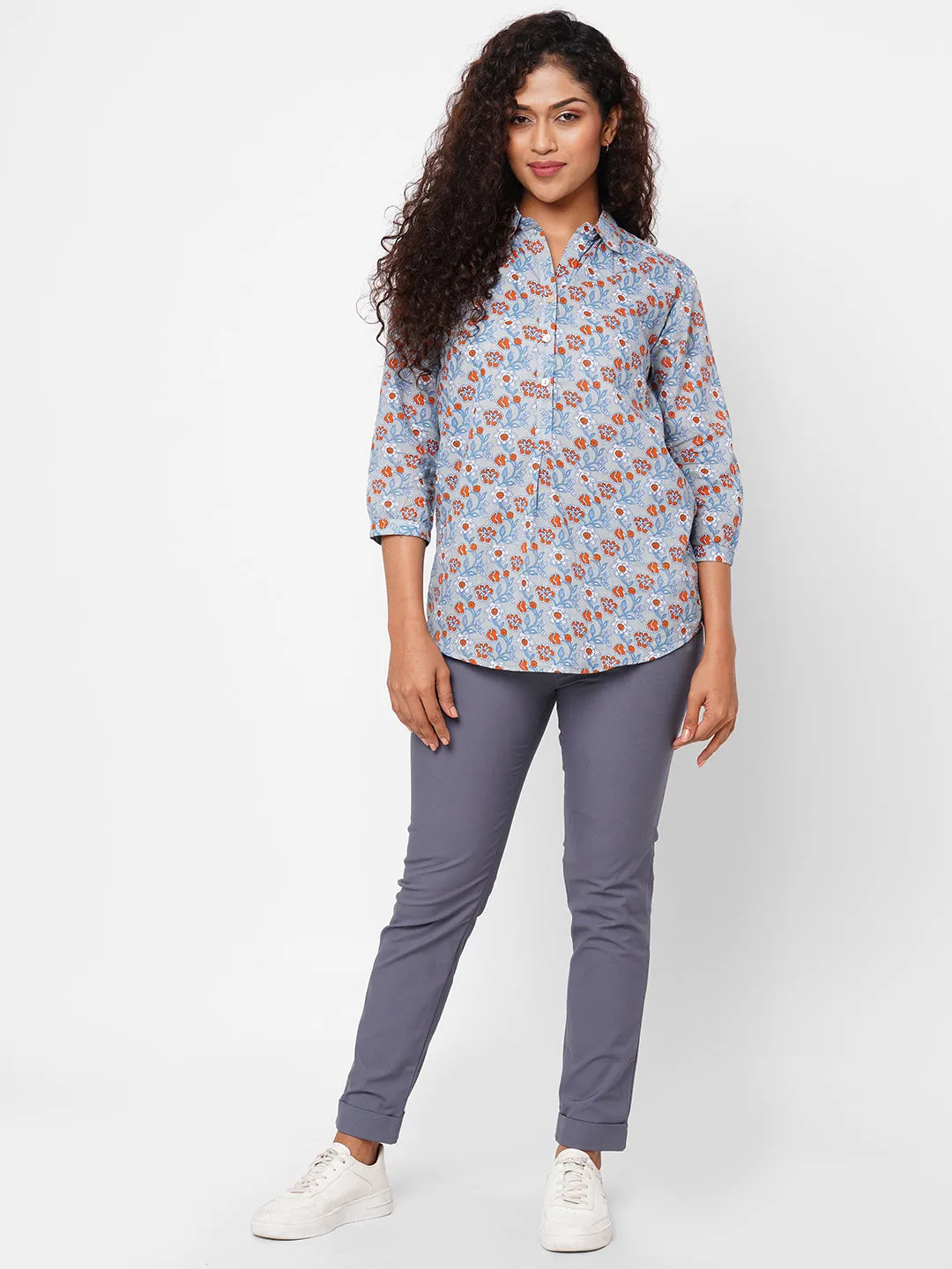 Women's Blue Cotton Lurex Slim Fit Pant