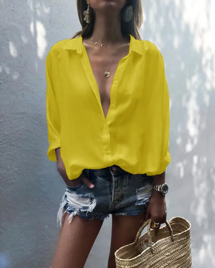 Women's Solid Color Deep V-neck Buttons Chiffon Shirt