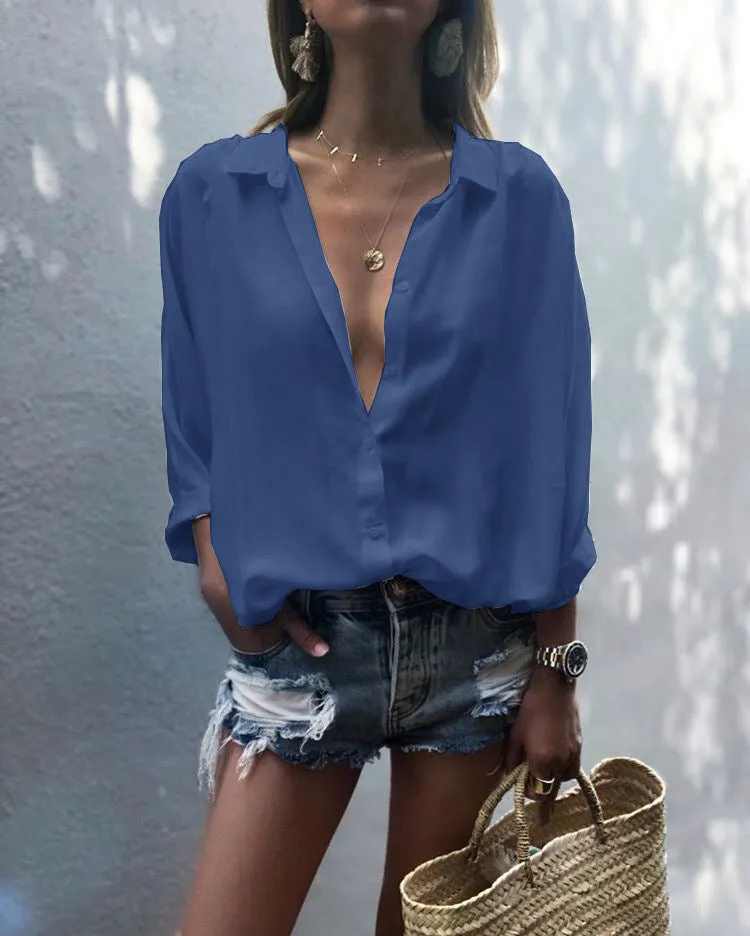 Women's Solid Color Deep V-neck Buttons Chiffon Shirt