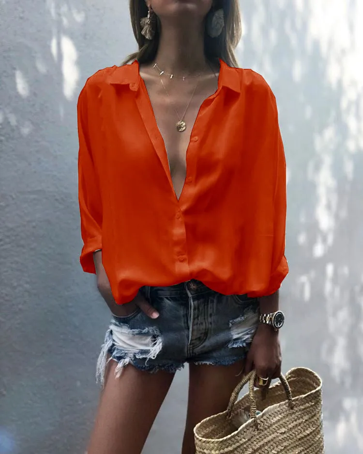 Women's Solid Color Deep V-neck Buttons Chiffon Shirt