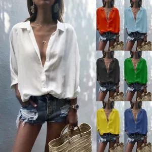 Women's Solid Color Deep V-neck Buttons Chiffon Shirt