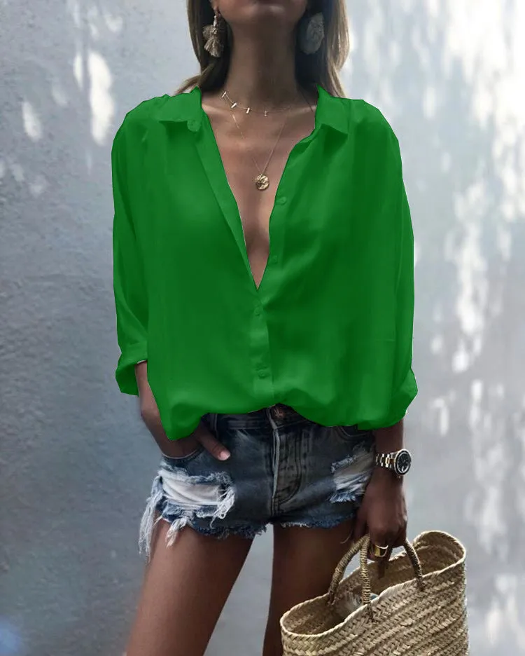 Women's Solid Color Deep V-neck Buttons Chiffon Shirt