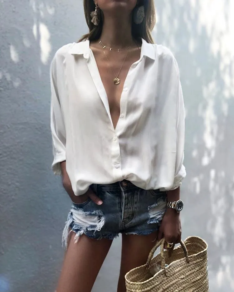 Women's Solid Color Deep V-neck Buttons Chiffon Shirt