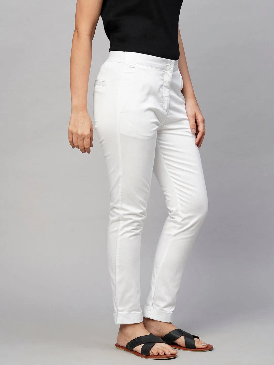 Women's White Cotton Lycra Slim Fit Pant