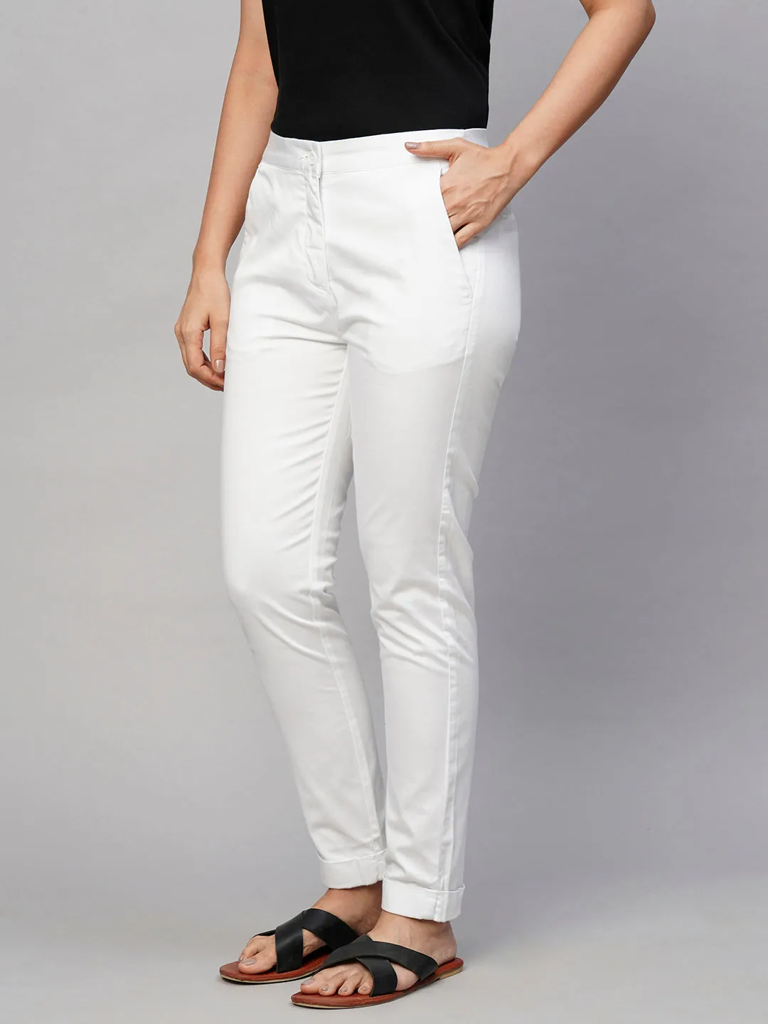 Women's White Cotton Lycra Slim Fit Pant
