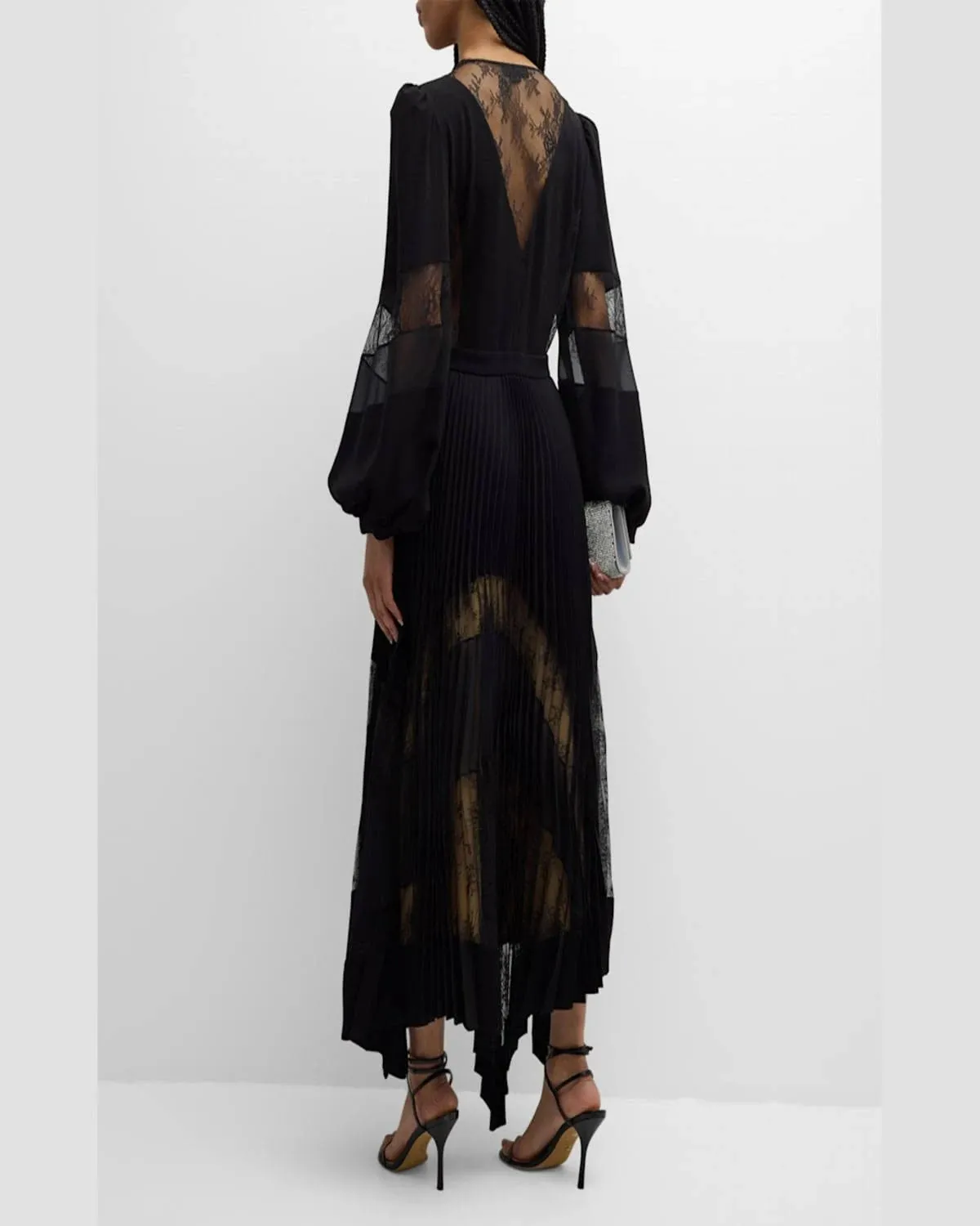 Zuhair Murad Plunging Plissé Lace Panelled Crepe Asymmetrical Midi Dress